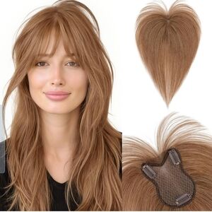 S-noilite 100% Human Hair Piece Light Brown 11" Topper Color 6 Wiglet Bangs